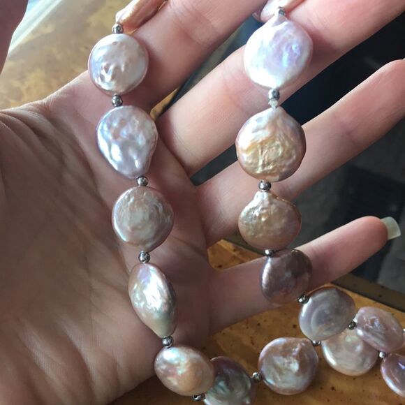 Natural Keshi Coin Pearl Sterling Silver Necklace - Picture 4 of 7